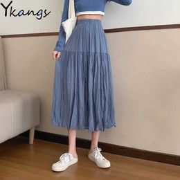 Simplicity High Waist Pleated Skirt Women Casual Korean Harajuku Midi Long Skirt Female OL Spring Summer Vintage Black Saia 210619