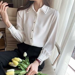 Korean Women's Shirt Chiffon Blouses for Women Long Sleeve Shirts Female Top White Embroideryps Felame Blouse Woman Basic 210604