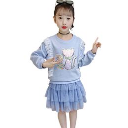 Children Clothes Sequin Sweatshirt + Skirt Girls Clothing Kids Lace Costumes For 210527