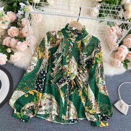 Spring Autumn Women's Long Sleeve Shirt Retro Floral Print Stand Collar Ruffles Blouse Button up Casual Ladies Chiffon 210603