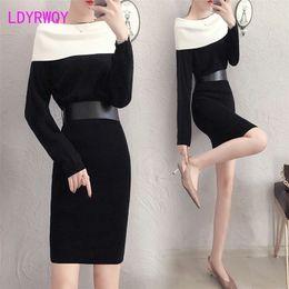 LDYRWQY Long-sleeved knitted dress spring women's waist bottoming temperament knitting Cotton Office Lady Sheath 210416