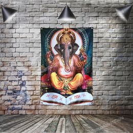 India Elephant God Flag Banner famous Art Painting Home Decoration Hanging flags 4 Gromments in Corners 3*5FT 96*144CM Inspirational Wall Decor