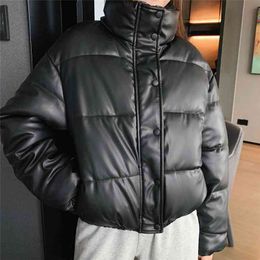 Winter thick and warm short parka coat women fashion black PU leather elegant zipper cotton jacket ladies 210923