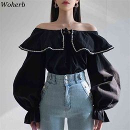 Korean Fashion Women Blouses Shirts Lantern Sleeve Off Shoulder Stylish Tops Blusas Ladies Casual Blouse 210519