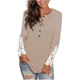 T-Shirt Women Spring Autumn O Neck Button Long Sleeve Lace Stitching Tops Casual Loose Solid Pullover Tshirt Femme Plus Size 3XL 210412