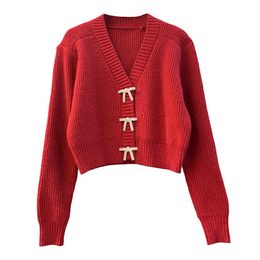 PERHAPS U Women Red White Black Solid Sweater Knitted Long Sleeve V Neck Single-breasted Cardigans Bow Diamond M0466 210529