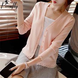 PEONFLY Elegant Ruffle Knitted Cardigan Women Coat Solid Spring Fashion V Neck Long Sleeve Sweater Tops Femme Red Pink 210914