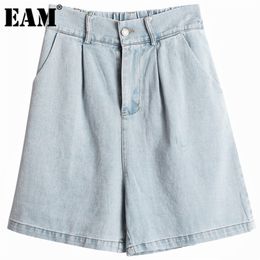 [EAM] High Elastic Waist Light Blue Denim Knee Length Trousers New Loose Fit Pants Women Fashion Tide Spring Summer 2021 1DE1041 Q0801