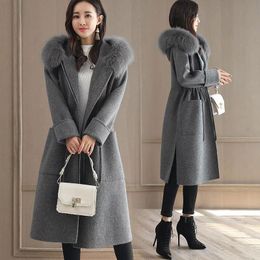 Women's Wool & Blends 2021 Fashion Solid Women Long Woollen Coat Slim Zippers Jacket Pockets Fur Collar Blue Cashmere And