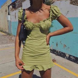 Fashion Short Sleeve dress Elegant women mini es France Green Ruched vestido Vintage Square Collar 210427