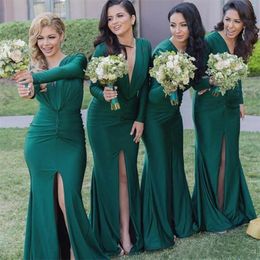 Deep V Neck High Split Mermaid Bridesmaid Dresses for Wedding Sweep Train Long Sleeves Satin Formal Evening Gowns