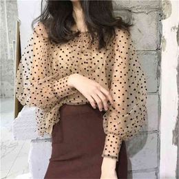 Women khaki tulle tops blouse vintage polka dot organza summer shirts sheer sleeve 2 pieces bluse 210427