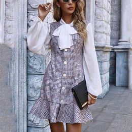 Autumn Dress women Winter vintage Butterfly Collar Puff Sleeve Plaid Slim-Fit Ruffled Elegant mini dresses for 210508