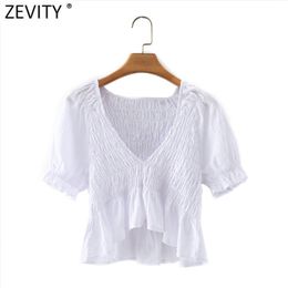 French Style Women V Neck Elastic Hem Ruffles Short Smock Blouse Female Puff Sleeve White Shirt Chic Blusas Tops LS9156 210420