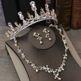 Korean Gold Earrings Necklaces tiara jewelry set Bridal Accessories Wedding Jewelry set H1022