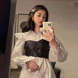 Matching Sets Casual Loose White Turn Down Collar Flare Sleeve Shirt Dress Women Mini + Sexy Black Pu Leather Camisole Tops 210429