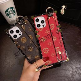 Luxury Square Wrist Strap Holder phone Cases For iPhone 15 15pro 15promax 14pro max 14plus 13 13pro 12pro 12 11Promax XS MAX xr x Fashion Geometric Leather cover