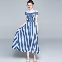 Fashion Summer Denim stripe Bow sexy slash neck Single Breasted elegant Belt Big Swing Maxi Dress Femme Robe 210519