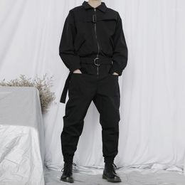 Men's Tracksuits One-piece Cargo Pants Pocket Buckle, Long Sleeve Casual Foot Binding Loose Large Size Jumpsuit