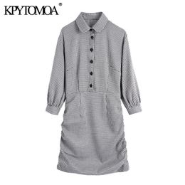 Women Fashion With Covered Button Houndstooth Pleated Mini Dress Three Quarter Sleeve Female Dresses Mujer 210420