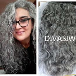 Silver grey curly pony tail hairpiece drawstring human hair Grey ponytail wraps natural highlights salt and pepper 120g