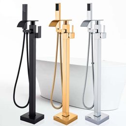 Chrome Floor Mounted Bathtub Shower Faucet Swivel Waterfall Spout free standing bathroom Crane Black Bath Shower Mixer Tap