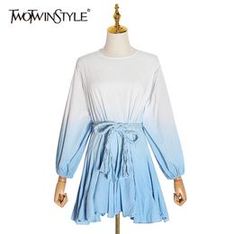 Hit Colour Print Women's Dress O Neck Puff Sleeve High Waist Lace Up Mini Dresses Female Autumn Fashion 210520