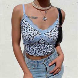HEYounGIRL Patcwhork Lace Leopard Spaghetti Strap Sleeveless 90s Crop Tee Frill Y2k Sexy Cami Top Summer Streetwear 210407