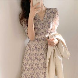 Mozuleva Retro V-neck Long Waist Beautiful Chiffon Dress for Women Office Lady Streetwear Dresses 210706