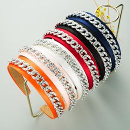 Elegant Metal Chain Wide Side Headband for Woman Fashion Sparkly Rhinestone Solid Colour Fabric Hairband Female Party Hair Accessories