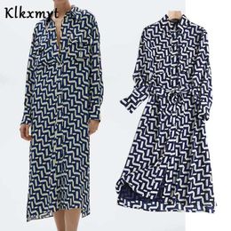 Klkxmyt Za Spring Dress Women England Simple Style Vintage Geometric Print Midi Dresses Vestidos De Fiesta Noche Vestido 210527