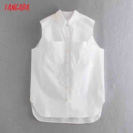Summer Women Shoulder Sponge White Shirts Sleeveless Pocket Turn Down Collar Elegant Ladies Tops CE209 210416