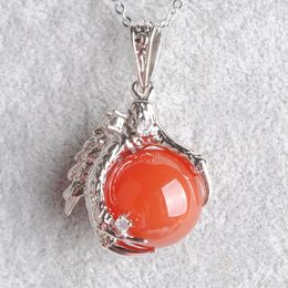 WOJIAER Natural Dragon Claw Pendant Round Red Agate Stones Pendulum Necklace For Men Women Jewelry Reiki Amulet Gift N3116