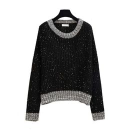 PERHAPS U Women Sweater Knitted Pullovers Bling O Neck Long Sleeve Black Patchwork Sequined Loose Winter M0080 210529