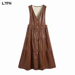 TLPH simple Solid Colour vintage women dress sleeveless Single Breasted elegant casual Synthetic Leather PU Long A-line dresses 210427