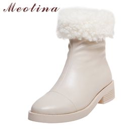 Med Heel Ankle Boots Woman Snow Platform Chunky Shoes Zip Round Toe Ladies Short Winter Beige Size 43 210517