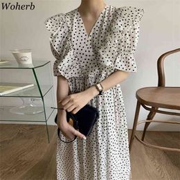 Korean Chic Women Polka Dot Print Chiffon Dress Vintage V-neck Ruffle Patch High Waist Dresses Summer Vestidos Mujer 210519