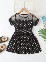 Toddler Girls Polka Dot Mesh Insert Shirred Waist Dress SHE