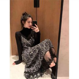 French elegance Vintage Floral Printed Long Vest Dress Autumn Elegant Black Lace Vestidos Female sleeveless A-line Dresses 210421