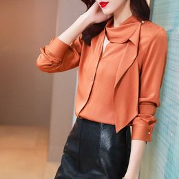 Korean Silk Blouse Women Satin Blouses Shirts Long Sleeve Beading Tops Plus Size Elegant Woman Ruffles Shirt 210604