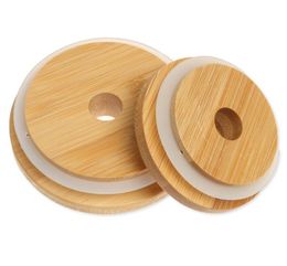 2021 hot Bamboo Cap Lids 70mm 88mm Reusable Bamboo Mason Jar Lid with Straw Hole and Silicone Seal