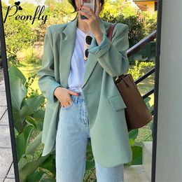 Peonfly Women Fashion Casual Double Breasted Blazers Coat Vintage Notched Long Sleeve Female Outerwear Chic Tops Green 210930