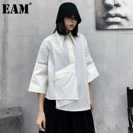 [EAM] Women White Irregular Big Size Blouse Lapel Three-quarter Sleeve Loose Fit Shirt Fashion Spring Autumn 1DD7731 21512
