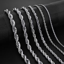 Rostfritt stål repkedjan halsband 2-5 mm blek aldrig vattentäta choker halsband män kvinnor vrid hip hop smycken 316l silverkedjor gåvor 18-24 tum