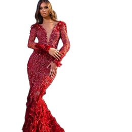 Luxury Red Mermaid Evening Dresses V Neck Beaded Feather Long Sleeves Prom Dress Ruffle Open Back Sweep Train Formal Party Gown286x