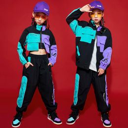 Детский джазовый танец хип -хоп костюмы девочки короткая куртка пупочные топы уличные брюки Performance Fashion Clothing для детей BL5454 Сценическая одежда