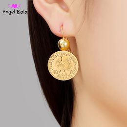 Vintage Engraved Coin Drop Dangle Earrings for Women 10 Franc Coin Round Pendant Earring Pendientes