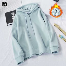 LY VAREY LIN Women Hoodie Sweatshirts Autumn Winter Ladies Casual Oversize Pullovers Flannel Solid Warm Hooded Jackets 210526