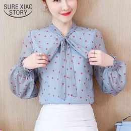 Autumn Sweet Fashion Printing Polka Dot Joker Bow Long Sleeve Bottoming Chiffon Blouses Women Shirts 5737 50 210417