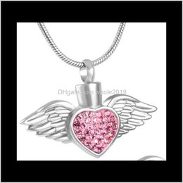 Necklaces & Pendants Drop Delivery 2021 Ijd8496 Pink/Blue/White Crystal Heart Wing Stainless Steel Cremation Necklace Pendant Keepsake Ashes